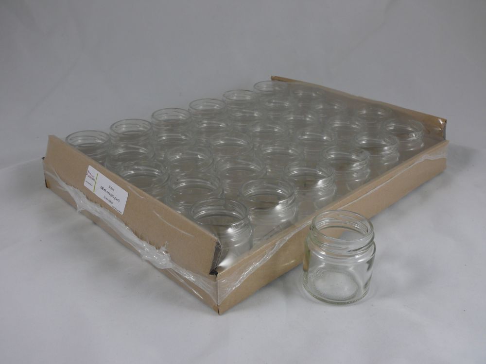Glazen pot -rond- 106ml-(120gr /130gr.) laag, 30 stuks (zonder deksel 53mm)