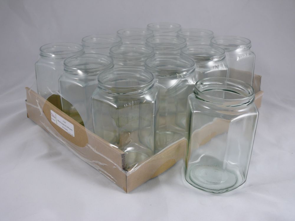 Hexagonale glazen pot 770 ml (1000gram) per 12 stuks (zonder deksel 82mm)