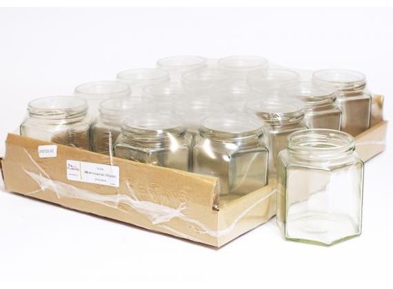 Hexagonale glazen pot 390 ml (500gr) 16 stuks (zonder deksel 70mm)